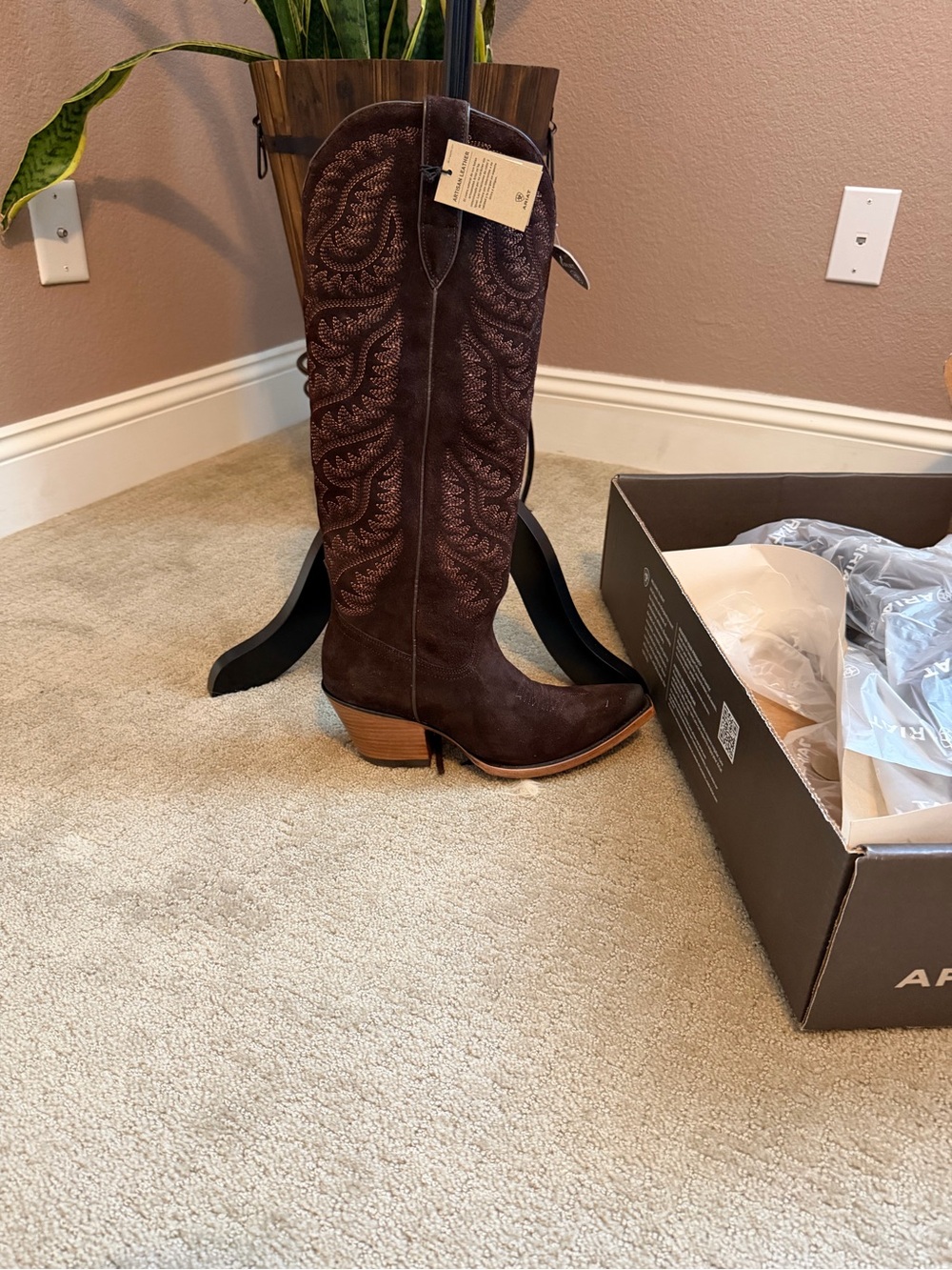 Ariat Chocolate Brown Suede Western Knee-High Heeled Boots - Picture 2 of 5